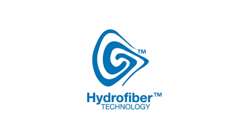 Logotipo de Hydrofiber™ Technology, un material suave y absorbente que se transforma en gel al contacto con el líquido de la herida.