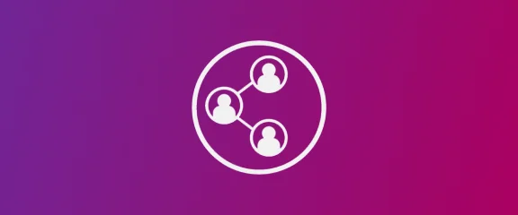 A white circle with three people in it on a purple background.